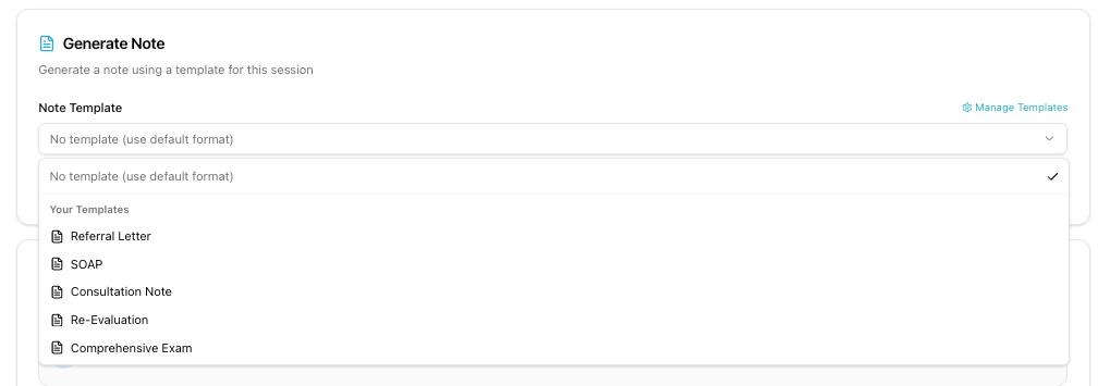 Selecting a different note template