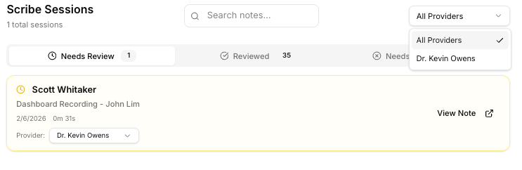 Session list showing provider filter and review status